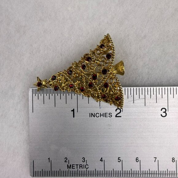 Gold Tone Christmas Tree Brooch Red Rhinestones Holiday Jewelry Vintage Festive - Picture 3 of 3
